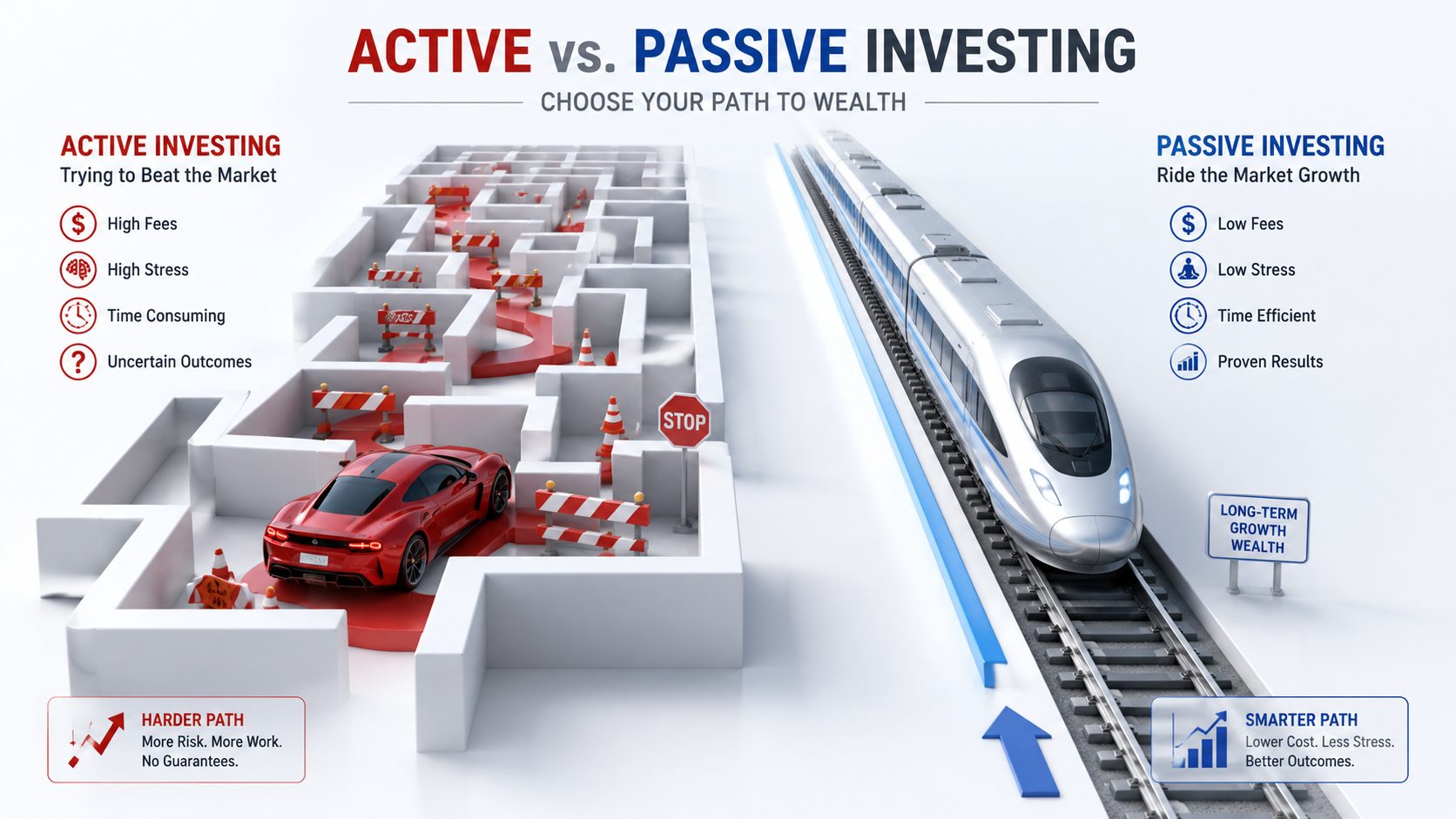 Active vs passive investing performance chart showing expense ratio impact, fee drag over time, and SPIVA scorecard statistics proving index fund outperformance rates