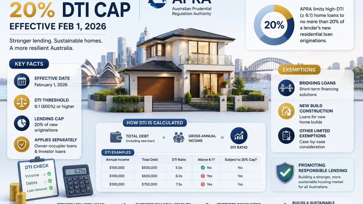 Visual breakdown of APRA's 2026 debt-to-income lending cap showing the 6x income threshold, 20% quarterly quota, separate owner-occupier and investor limits, and exemptions for new builds and bridging loans.