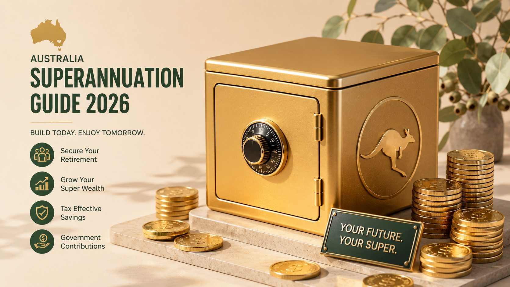 Australian superannuation system diagram showing FY 2026-27 concessional cap $32,500, non-concessional cap $130,000, Super Guarantee rate 12%, and salary sacrifice benefits