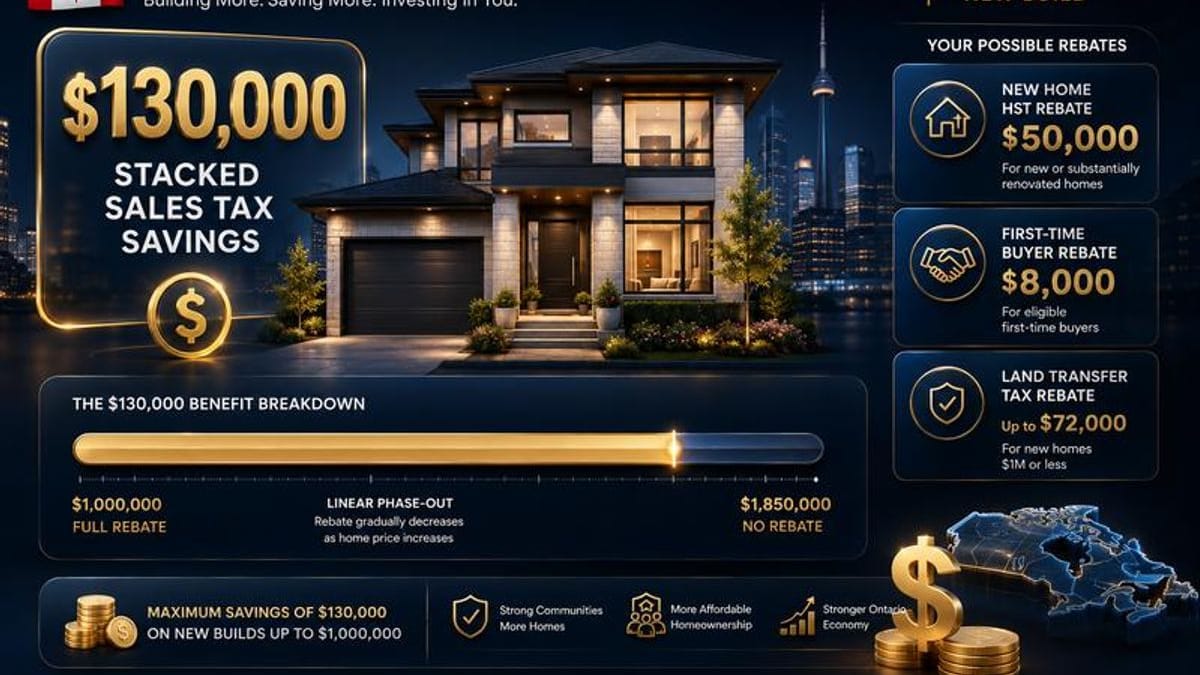Visual breakdown of Canada's new First-Time Home Buyers' GST Rebate showing the $1 million full rebate limit, the $1 million to $1.5 million linear phase-out scale, and stacked savings with the RRSP Home Buyers' Plan