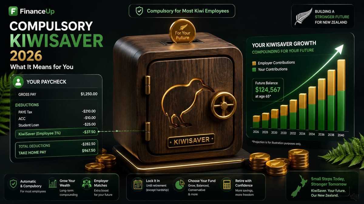 Infographic showing the proposed compulsory KiwiSaver contribution rates (employee vs employer), progressive ESCT tax brackets, and take-home pay impacts under standard vs total remuneration packaging