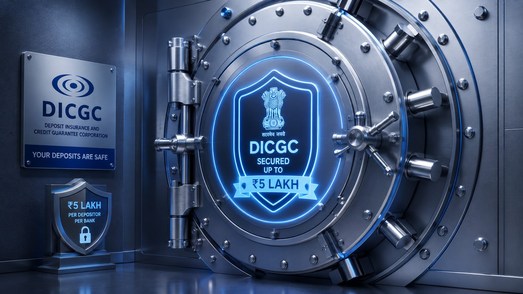 DICGC deposit insurance India diagram showing ₹5 lakh coverage limit per depositor per bank, eligible account types, 90-day payout timeline, and multi-bank distribution strategy for safety