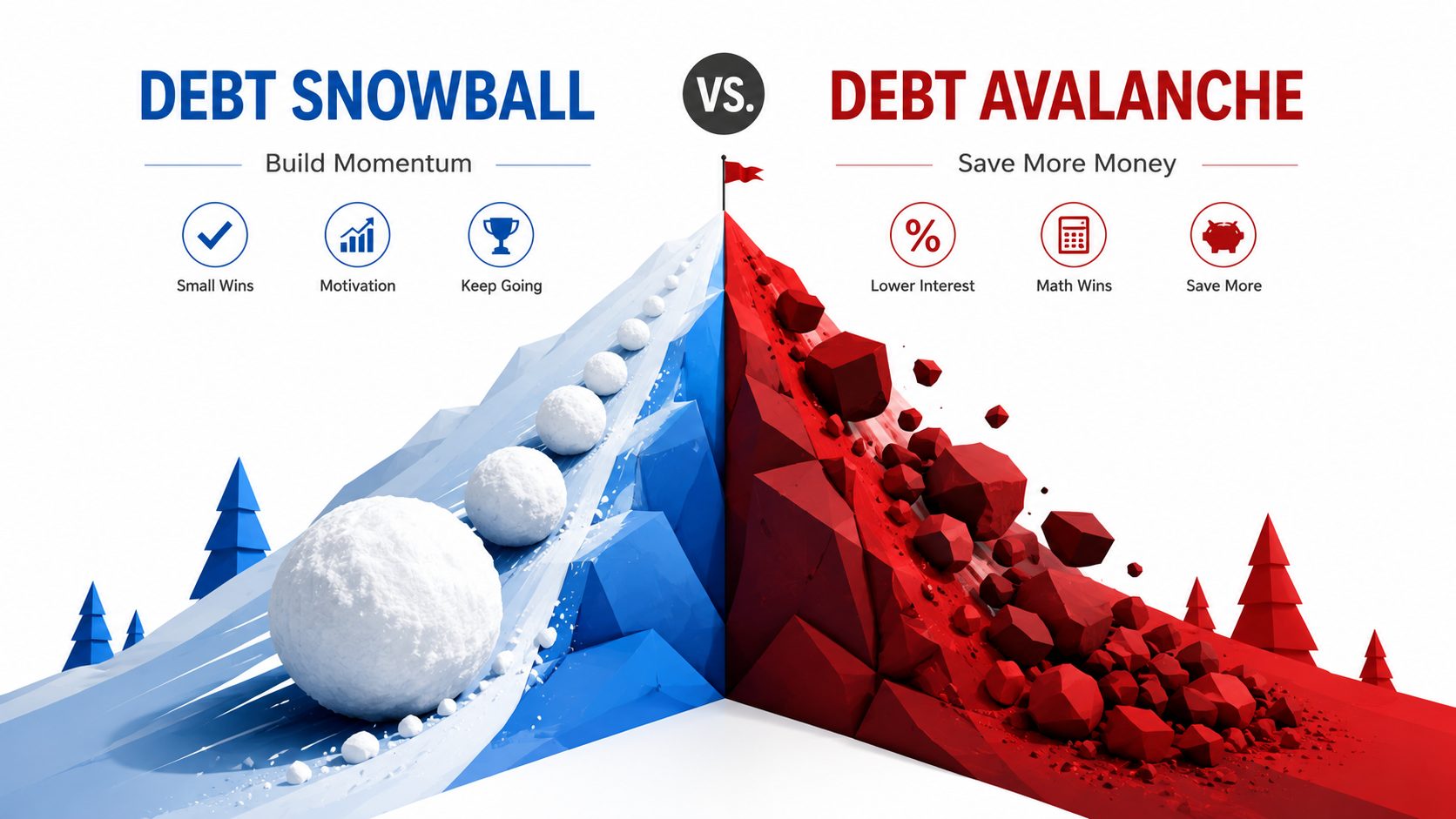 Side-by-side comparison chart of debt snowball method focusing on smallest balance first versus debt avalanche method prioritizing highest interest rates with payoff timelines