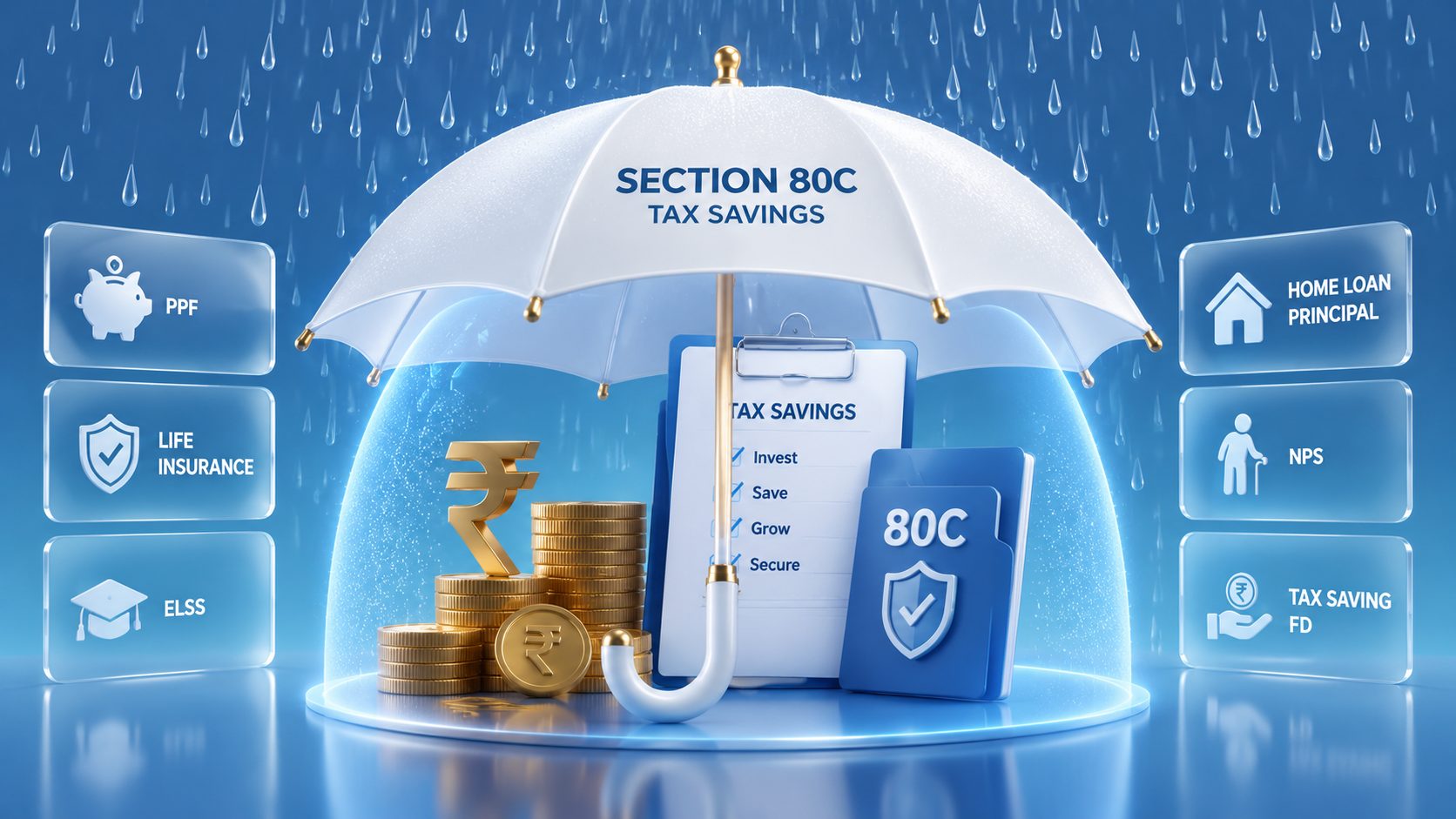 India Section 80C tax deduction breakdown for FY 2026-27 comparing PPF, ELSS, EPF, and home loan principal with ₹1.5 lakh limit and tax savings calculations