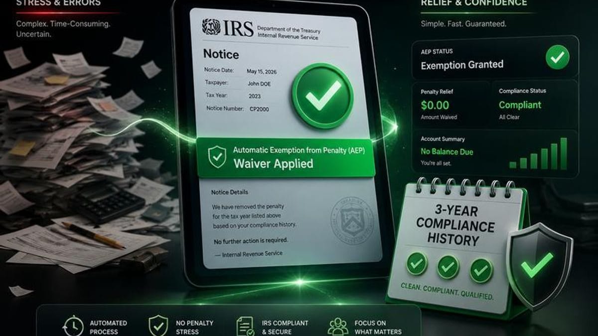 Breakdown of the IRS Automatic Exemption from Penalty (AEP) program showing the 3-year clean compliance check, automatic systemic waiver, and excluded interest accrual.
