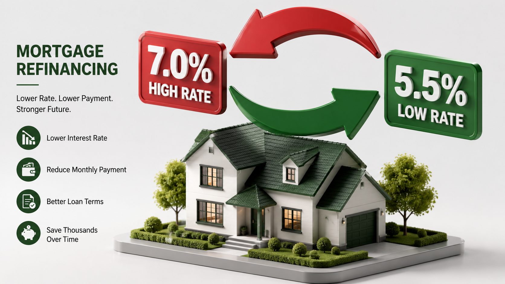 Mortgage refinancing break-even analysis chart showing closing costs, monthly savings calculation, and decision flowchart for when to refinance your home loan in 2026