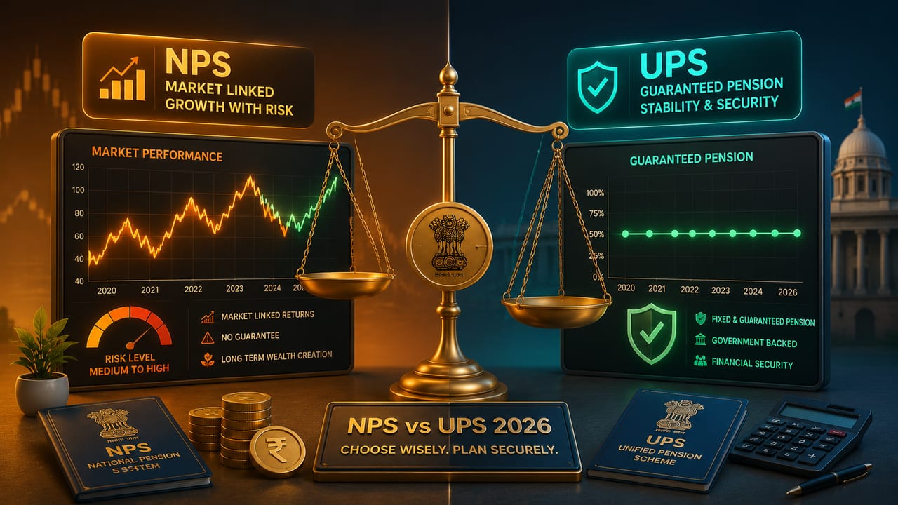 NPS vs UPS comparison chart for Indian government employees showing guaranteed pension rates, switch window details, contribution splits, family pension rules, and decision flowcharts