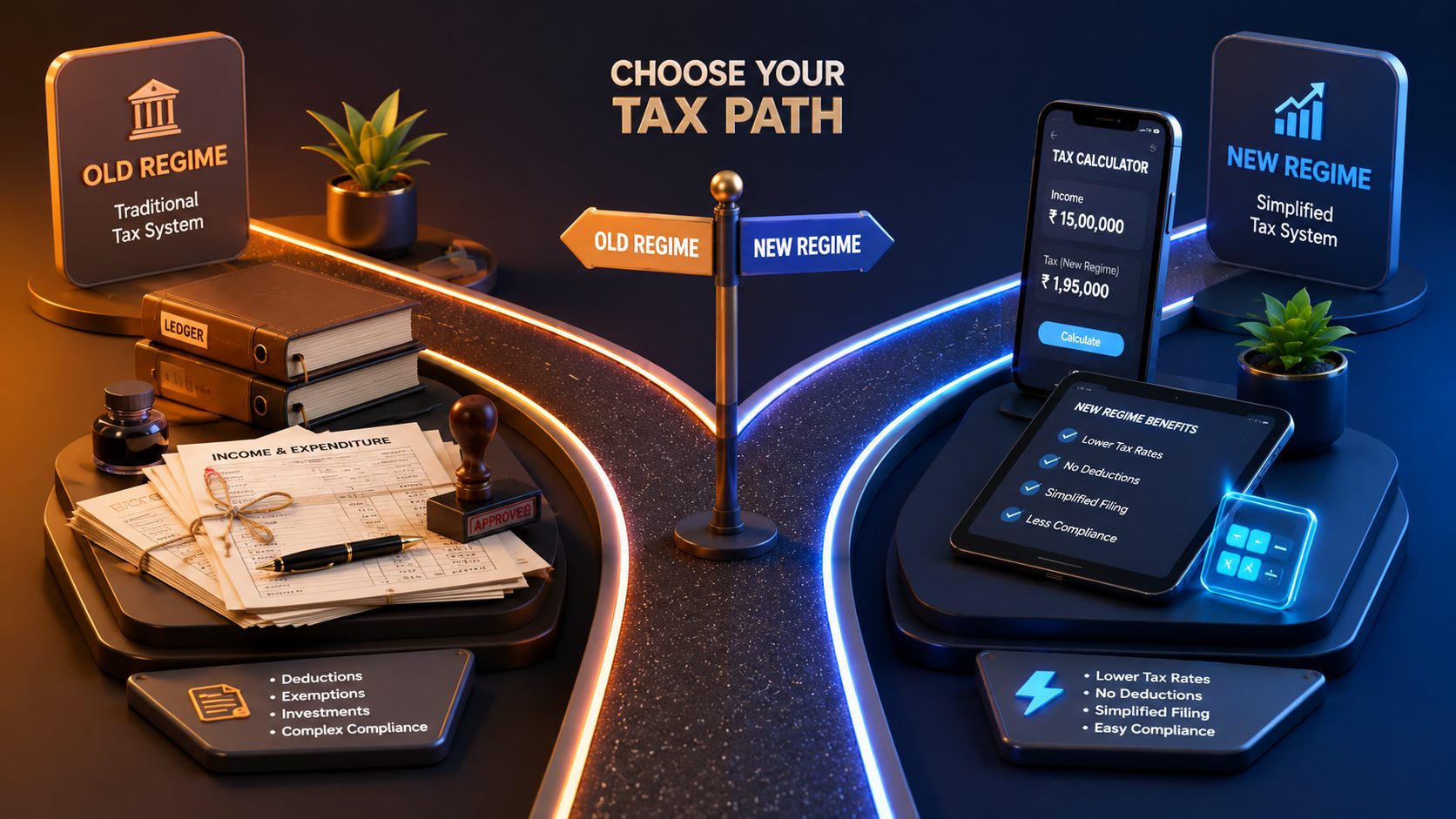 India old vs new tax regime comparison table for FY 2026-27 showing tax slabs, Section 80C deductions, break-even income levels, and salaried employee decision flowchart