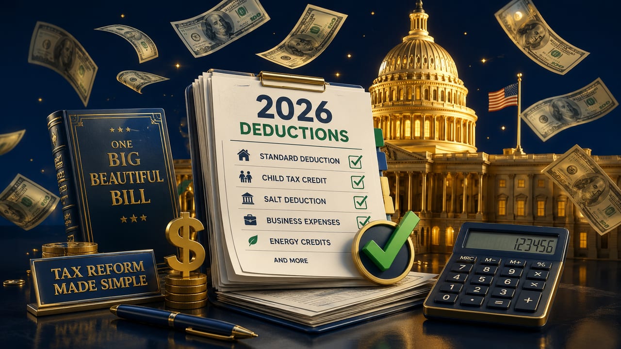 Infographic outlining OBBBA 2026 deductions including tips, overtime, senior, and auto interest limits and phase-out thresholds