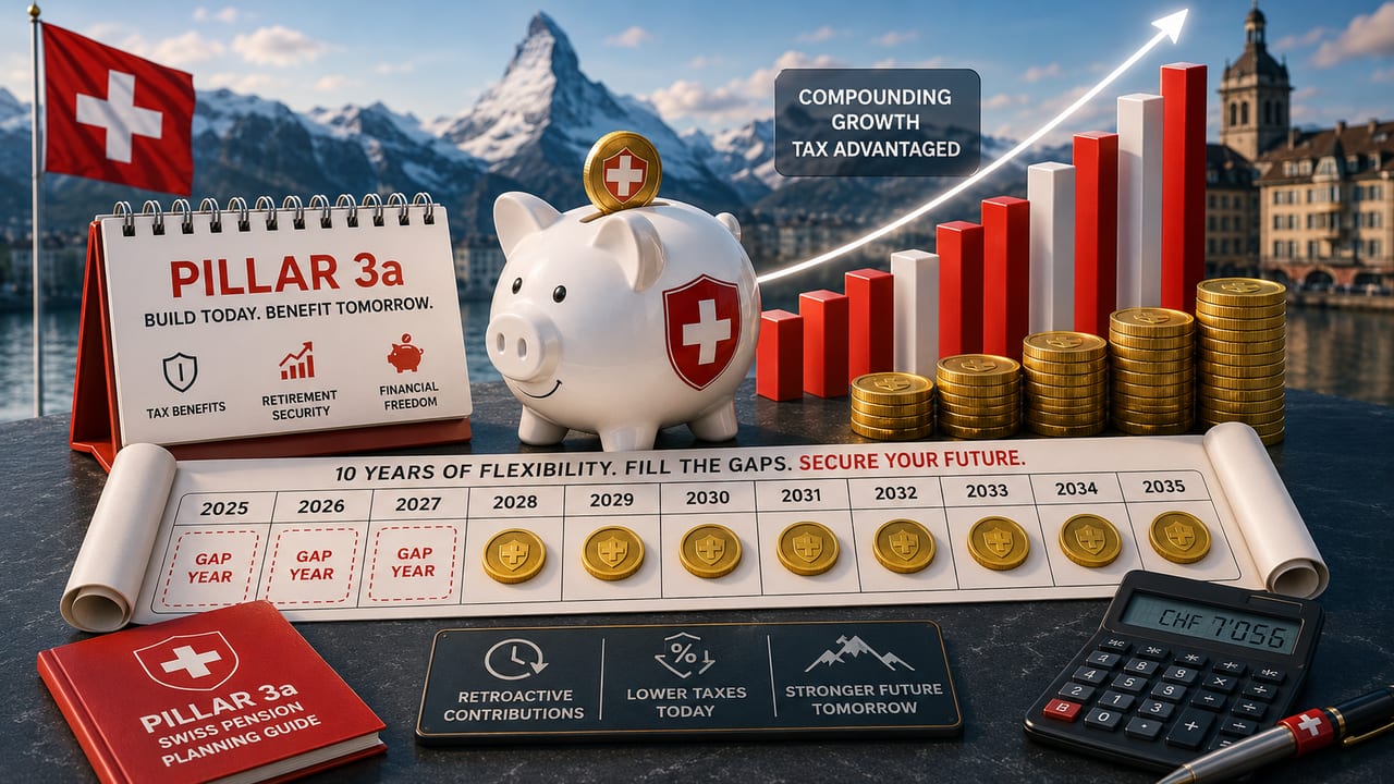 Swiss Pillar 3a retroactive buy-in rules, 10-year rolling window, and tax savings compounding chart