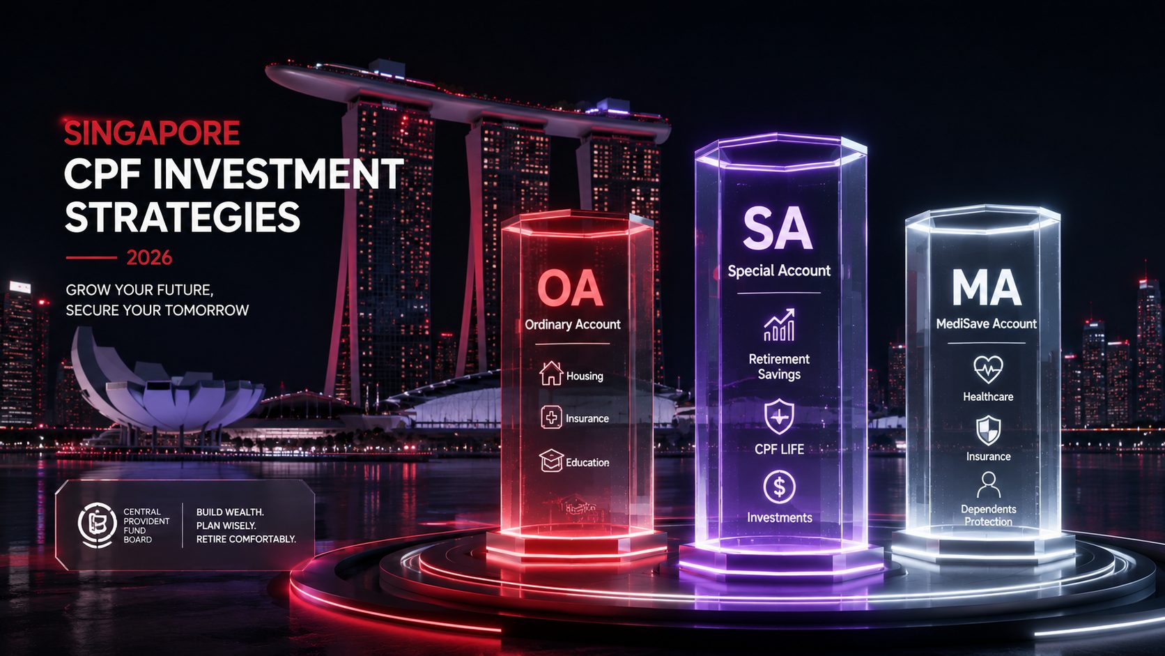 Singapore CPF system flowchart showing OA, SA, and MA accounts with 2026 wage ceiling $8,000, SRS contribution limits, and CPF interest rates for retirement planning