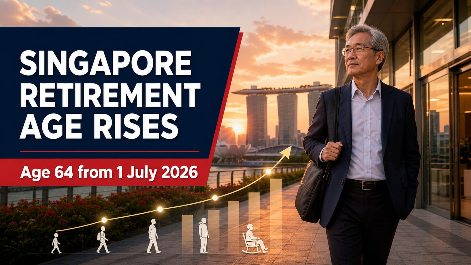 Singapore retirement age increase guide showing the shift from 63 to 64 and re-employment age from 68 to 69 effective July 1 2026, CPF LIFE payout eligibility at 65, 4 percent SA MA RA interest rate floor, and extra 1 percent interest on first $60,000 combined balances