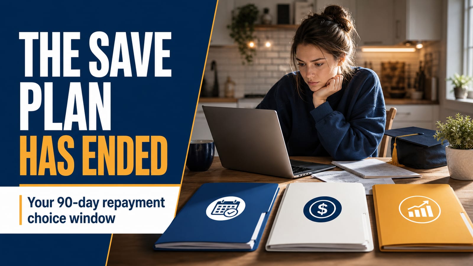 SAVE plan transition guide showing the March 10 2026 court order ending SAVE, the 90-day window starting July 1 2026, payment shock math comparing 5 percent SAVE payments to 10 percent IDR payments, and the new Repayment Assistance Plan RAP options