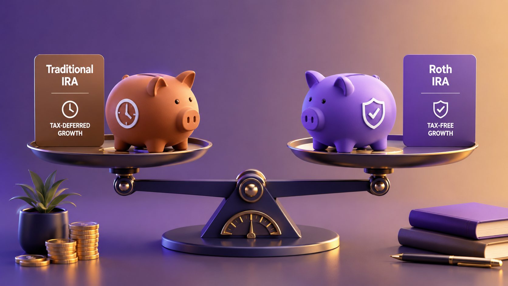 Side-by-side comparison of Traditional IRA vs Roth IRA showing 2026 contribution limits $7,500, income phase-outs, tax deduction differences, and withdrawal rules