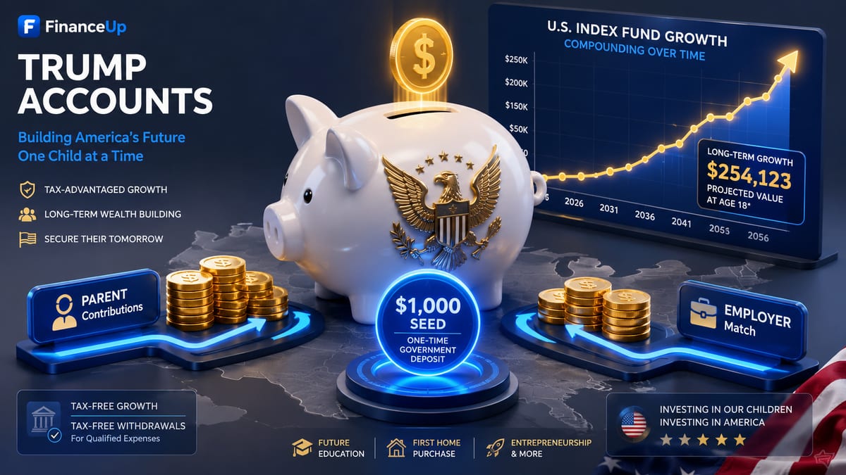 Visual breakdown of Section 530A Trump Accounts showing the $1,000 federal seed, annual contribution limits, locked growth phase, and the conversion path to a Traditional IRA