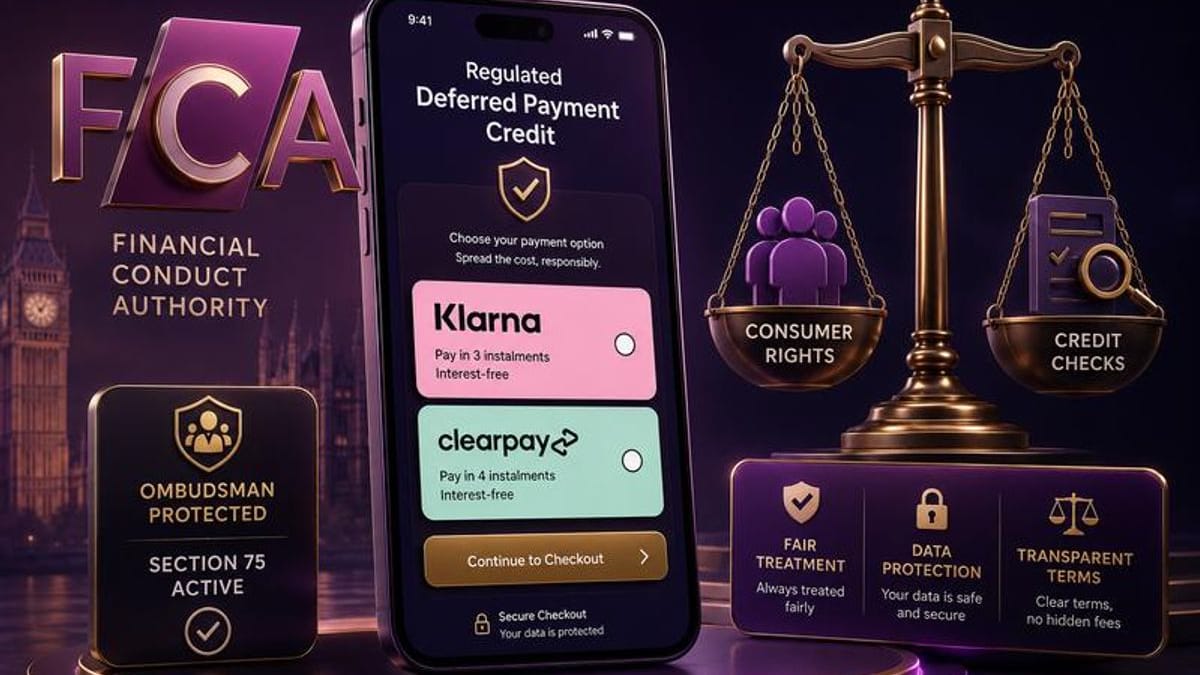 Breakdown of the UK FCA Buy Now Pay Later regulation showing Deferred Payment Credit classifications, Financial Ombudsman access, and Section 75 joint refund protections.