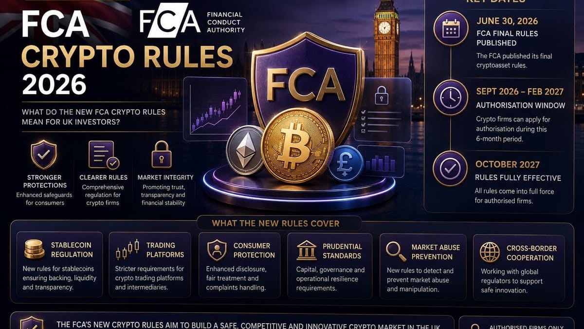 Timeline of FCA crypto regulation in the UK for 2026-2027 showing key dates: PASS July 2026, authorisation window Sep 2026-Feb 2027, full effective date Oct 2027, plus stablecoin capital requirements, Consumer Duty obligations, and HMRC CARF reporting framework.